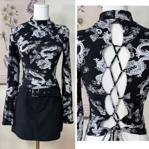 Dragon Print Open Corset Lace Up Back Crop Top Y2k Sexy Trashy Gothic Punk S